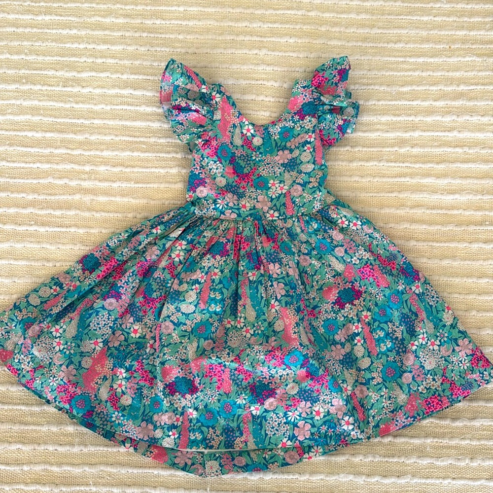Jacadi Teal Floral Cotton Dress with Pink and White Accents